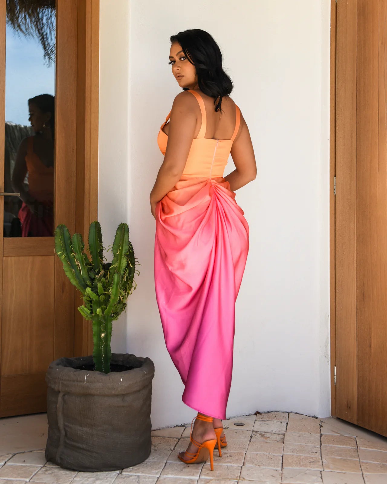 PINK AND ORANGE OMBRE MIDI DRESS WITH DRAPED SKIRT Arelia's Dream PINK AND ORANGE OMBRE MIDI DRESS WITH DRAPED SKIRT Arelia's Dream