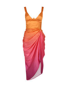 PINK AND ORANGE OMBRE MIDI DRESS WITH DRAPED SKIRT