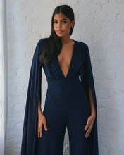 Load image into Gallery viewer, NAVY JERSEY WIDE LEG JUMPSUIT WITH CAPE SLEEVE AND OPEN BACK