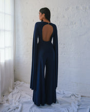 Load image into Gallery viewer, NAVY JERSEY WIDE LEG JUMPSUIT WITH CAPE SLEEVE AND OPEN BACK