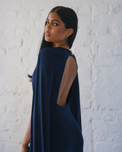 Load image into Gallery viewer, NAVY JERSEY WIDE LEG JUMPSUIT WITH CAPE SLEEVE AND OPEN BACK