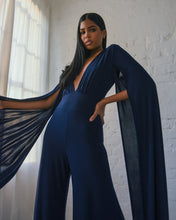 Load image into Gallery viewer, NAVY JERSEY WIDE LEG JUMPSUIT WITH CAPE SLEEVE AND OPEN BACK