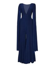 Load image into Gallery viewer, NAVY JERSEY WIDE LEG JUMPSUIT WITH CAPE SLEEVE AND OPEN BACK