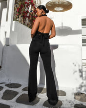 Load image into Gallery viewer, BLACK RIBBED HALTERNECK JUMPSUIT WITH CROSS FRONT