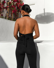 Load image into Gallery viewer, BLACK RIBBED HALTERNECK JUMPSUIT WITH CROSS FRONT