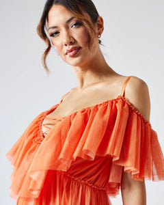 ORANGE TULLE TIERED RUFFLE SKATER DRESS