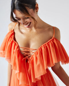 ORANGE TULLE TIERED RUFFLE SKATER DRESS