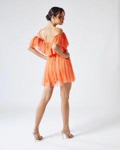 ORANGE TULLE TIERED RUFFLE SKATER DRESS