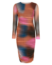 Load image into Gallery viewer, MULTI BLUR PRINT LONG SLEEVED MESH MIDI DRESS
