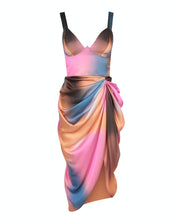 Load image into Gallery viewer, MULTI BLUR PRINT MIDI DRESS WITH DRAPED SKIRT