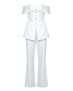 WHITE BARDOT TAILORED JUMPSUIT WITH EMBELLISHED BUTTONS