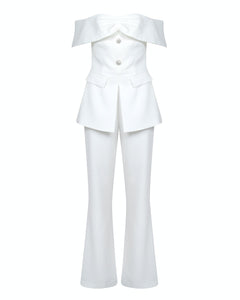 WHITE BARDOT TAILORED JUMPSUIT WITH EMBELLISHED BUTTONS