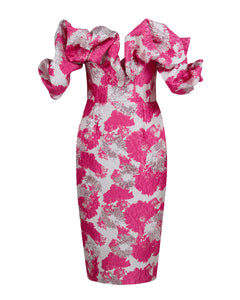 PINK AND SILVER JACQUARD MIDI DRESS WITH RUFFLE BARDOT BODICE