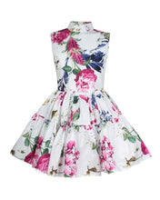 Load image into Gallery viewer, WHITE MULTI FLORAL HIGH NECK TAFFETA MINI DRESS WITH FULL SKIRT
