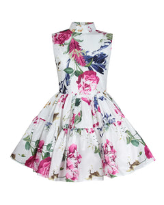 WHITE MULTI FLORAL HIGH NECK TAFFETA MINI DRESS WITH FULL SKIRT