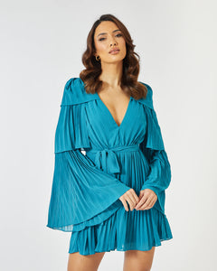 TEAL CHIFFON PLEATED TIERED MINI DRESS