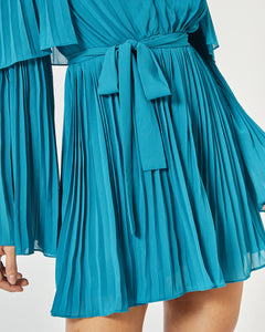TEAL CHIFFON PLEATED TIERED MINI DRESS