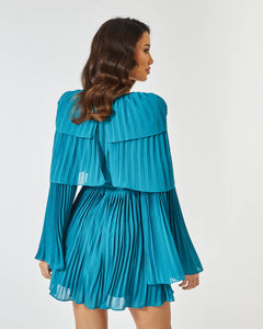 TEAL CHIFFON PLEATED TIERED MINI DRESS