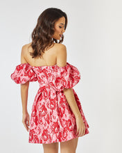 Load image into Gallery viewer, PINK AND RED FLORAL JACQUARD BARDOT SKATER DRESS