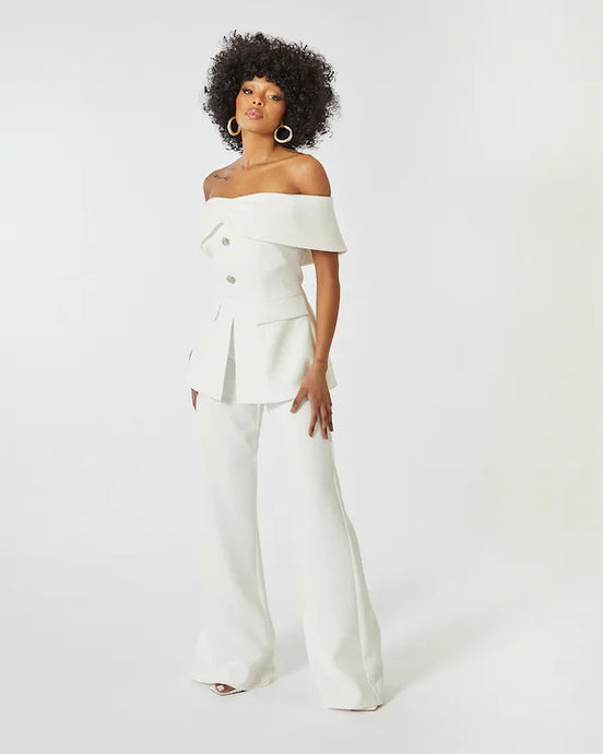 WHITE BARDOT TAILORED JUMPSUIT WITH EMBELLISHED BUTTONS
