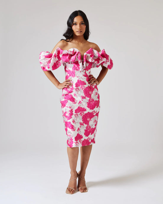PINK AND SILVER JACQUARD MIDI DRESS WITH RUFFLE BARDOT BODICE