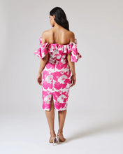 Load image into Gallery viewer, PINK AND SILVER JACQUARD MIDI DRESS WITH RUFFLE BARDOT BODICE