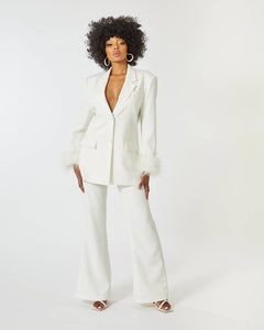 WHITE OVERSIZED BLAZER WITH FEATHER CUFFS