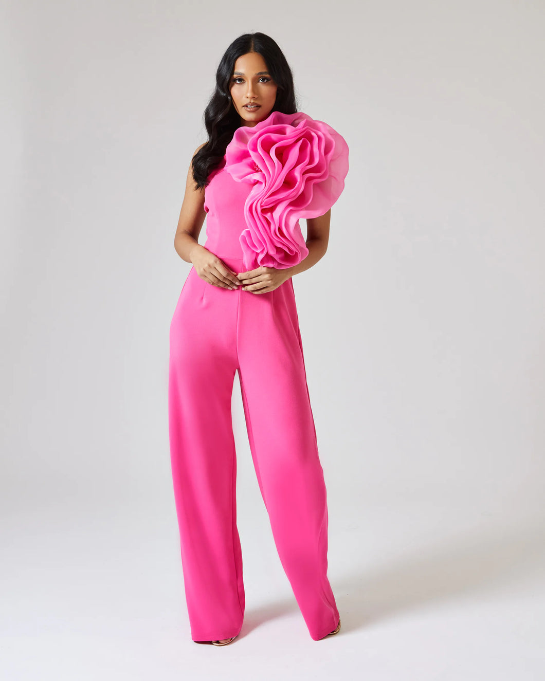 PINK ONE SHOULDER JUMPSUIT WITH ORGANZA RUFFLE DETAIL