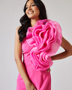 PINK ONE SHOULDER JUMPSUIT WITH ORGANZA RUFFLE DETAIL