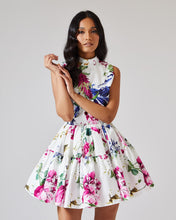 Load image into Gallery viewer, WHITE MULTI FLORAL HIGH NECK TAFFETA MINI DRESS WITH FULL SKIRT