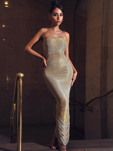 GLINT GOLD RUCHED CHIFFON LONG MAXI DRESS