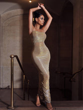 Load image into Gallery viewer, GLINT GOLD RUCHED CHIFFON LONG MAXI DRESS