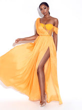 Load image into Gallery viewer, BACK IN STYLE ORANGE SILK PLEATED CORSET HIGH SLIT MAXI DRESS
