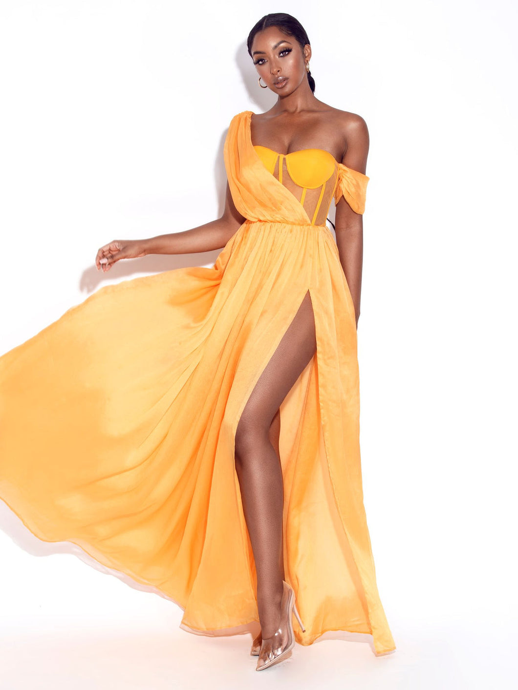 yellow and orange dress BACK IN STYLE ORANGE SILK PLEATED CORSET HIGH SLIT MAXI DRESS – Arelia's Dream