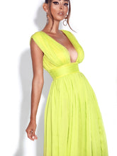Load image into Gallery viewer, VALLEY OF ANGELS LIME SILK PLEATED HIGH SLIT MAXI DRESS