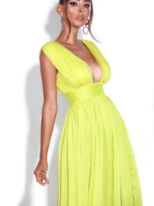VALLEY OF ANGELS LIME SILK PLEATED HIGH SLIT MAXI DRESS