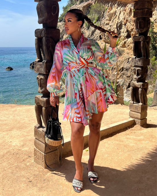 MULTI ZEBRA PRINT SATIN ASYMMETRIC WRAP DRESS